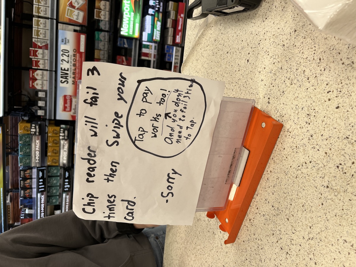 Chip reader with handwritten failure sign